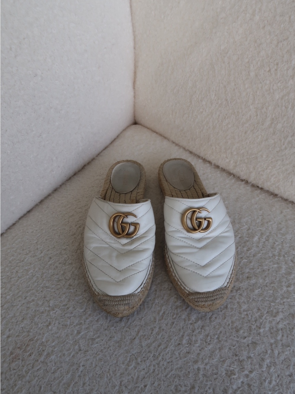 Gucci White Quilted Leather Espadrille Mules with Gold Double G
